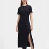 Fila Original Logo Solid Color Slit Fashion Casual Simple Slim Knit Round Neck Pullover Short Sleeve Dress Women Dresses Black F51W429302F-BK