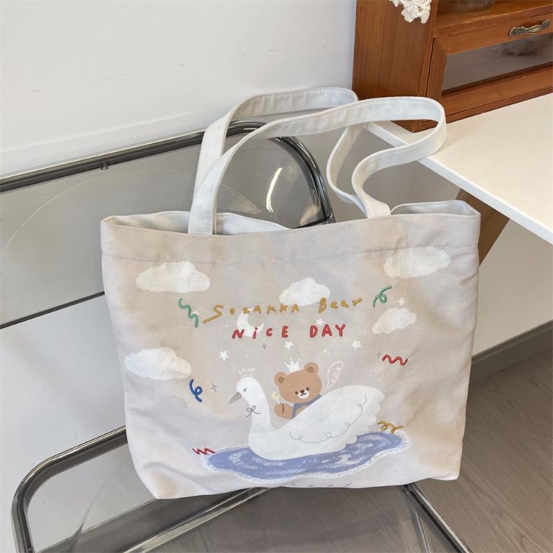 Large Capacity Tote Bag Women's New Trendy Cartoon Bear Printed Shopping Bag Shoulder Bag Canvas Bag