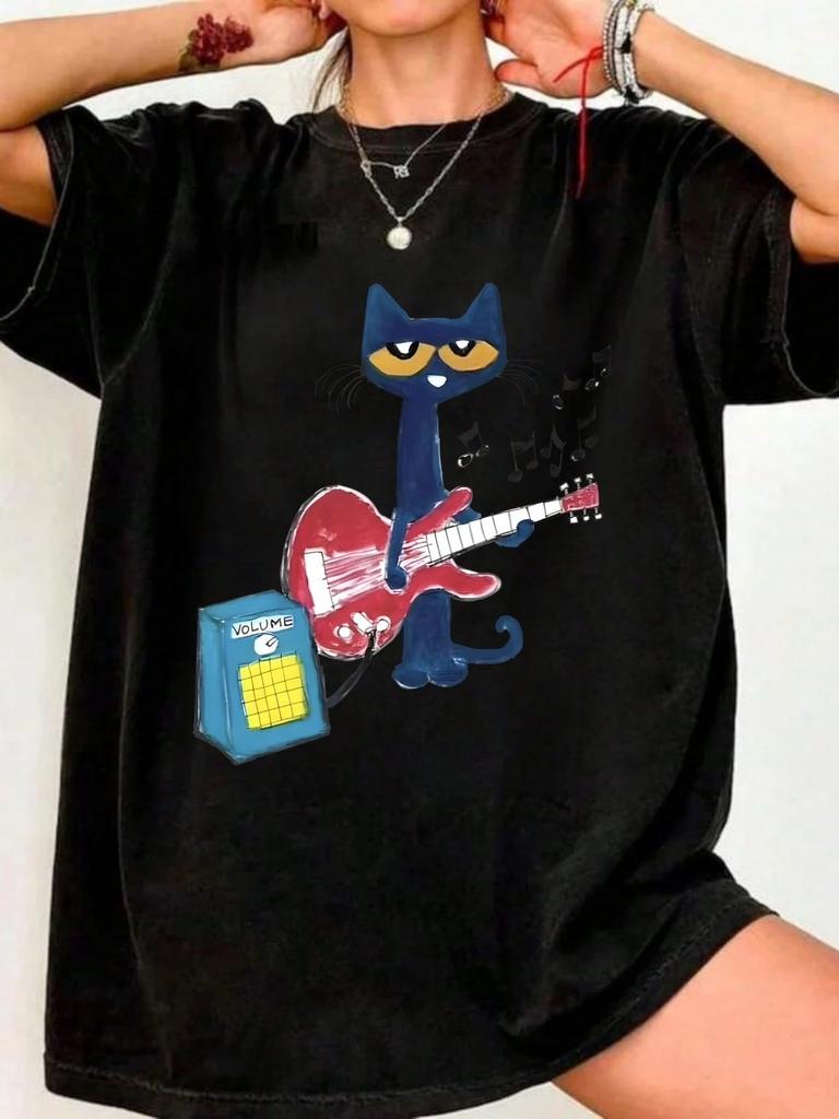 Women Summer Short Sleeve T Shirt Cool Cat Playing Guitar DesignCasual PrintComfortable And VersatileUnisex Style