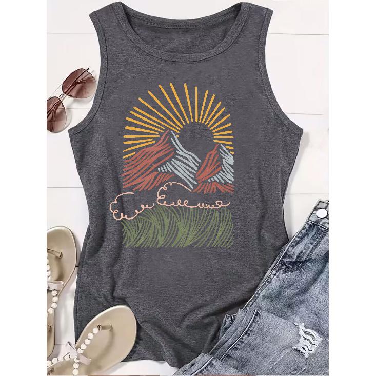 2026 New Abstract Line Mountain Sunrise Print Round Neck Women Sleeveless Tank Top Casual Versatile Comfort Summer Vest