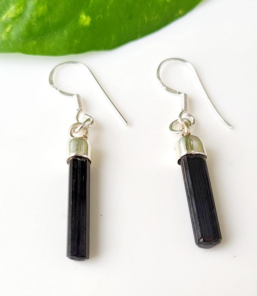 Natural Raw Black Tourmaline Gemstone 925 Sterling Silver Earring, Gift Earring