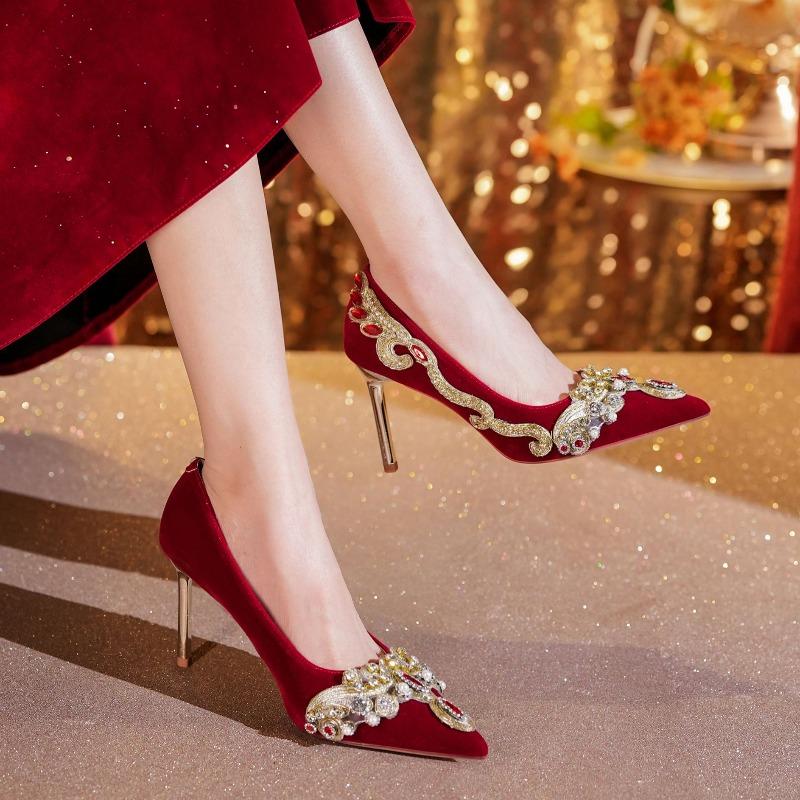 8.5cm High Quality Suede Women'S Pumps And Heels Luxury Rhinestone Wedding Shoes For Women Fashion Thin Heel Women Shoes Tacones
