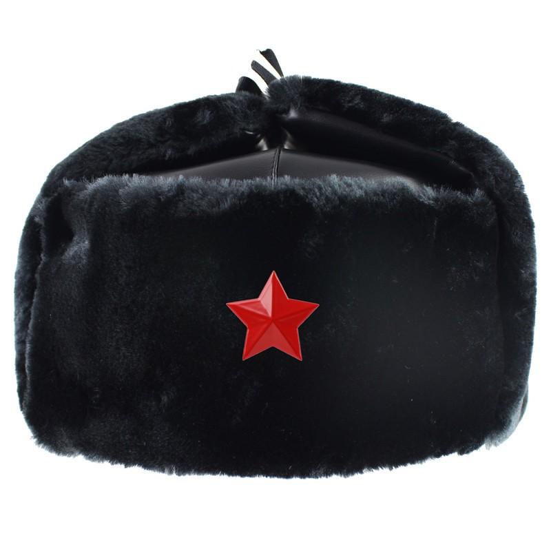 Winter Warm Faux Fur Trapper Hat With Soviet Emblem PU Leather Cap Men Women Skiing Snowboarding Cold Weather Protection