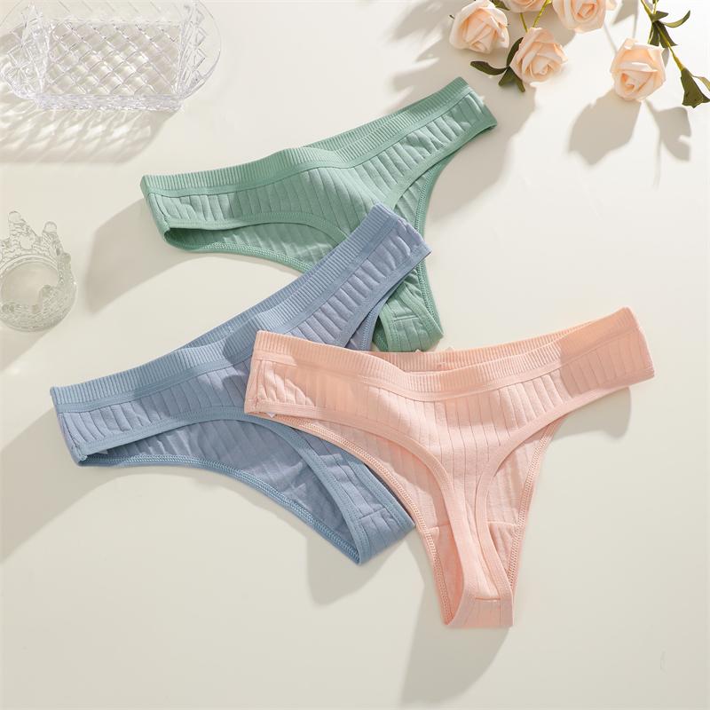 Duży Rozmiar 3 Szt. Damskie Bawełniane Stringi Seksowne Prążkowane Oddychające Majtki Codzienna Urocza Bielizna z Kokardką Dziewczęca Niska Talia G-String Lingerie