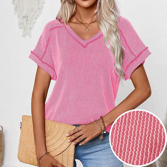 GMXIA Spring Summer Fashion Two-color Twist Short Sleeve V-neck Top T-shirt for Women