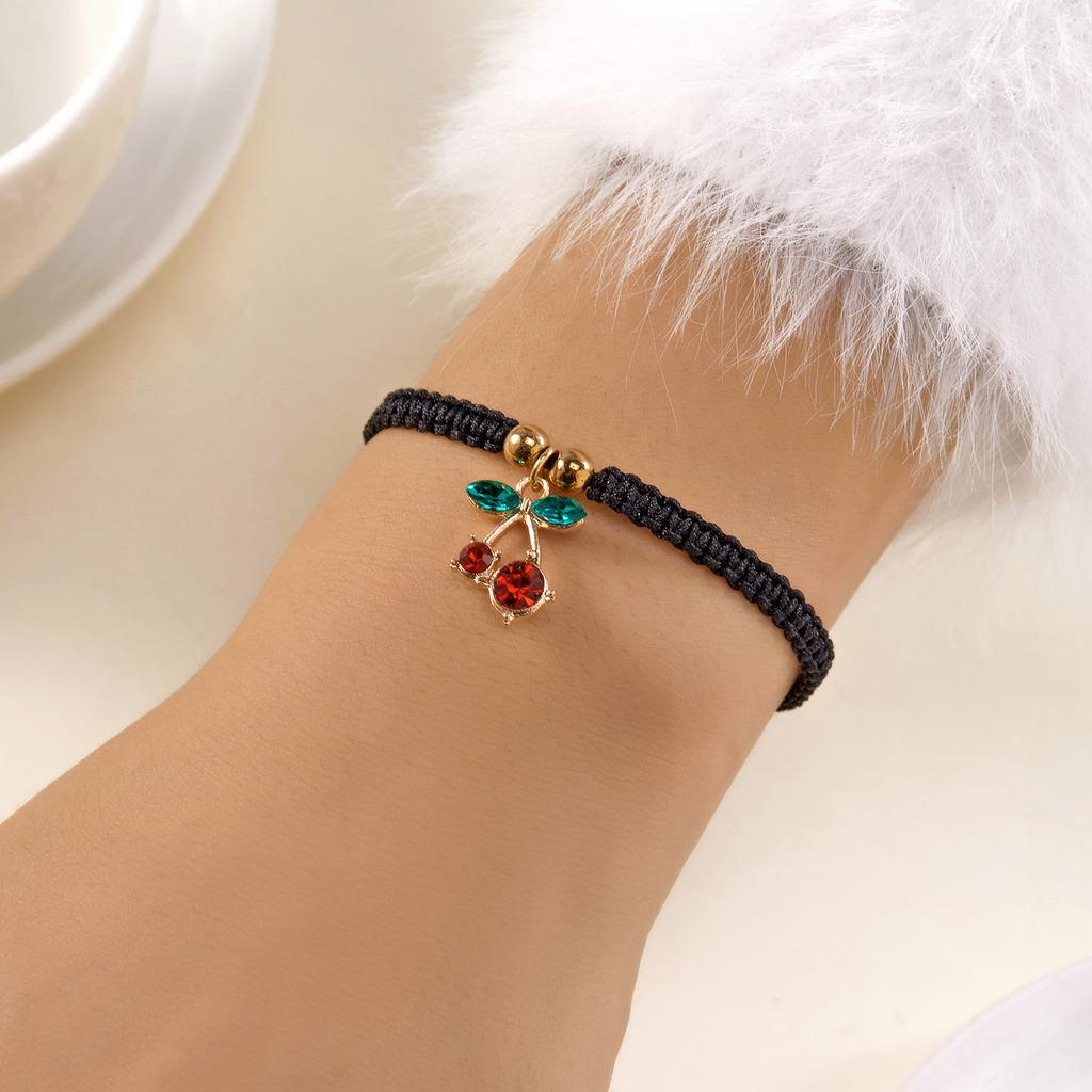 Fashion Simple Rhinestone Cherry Braided Bracelet for Women Delicate Colorful Charm Rope Bracelet Girls Party Jewelry Gift