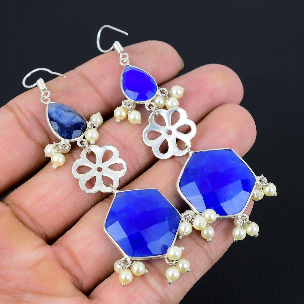 Daughters Day Deal Blue Sapphire Gemstone Drop Wife Earrings 925 Sterling Silver