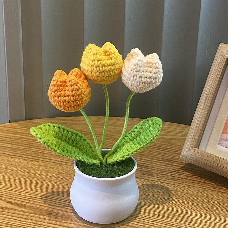 DIY Håndvevd Mini Potteblomst Rose Kontor Skrivebord Prydplanter Ulltråd Ferdig Produkt Hjemmedekorasjon