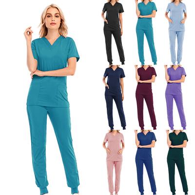 Unisex Hospital V-neck Uniform Set Pocket Solid Color Scrub Suits Joggers Surgical Gown Fashion