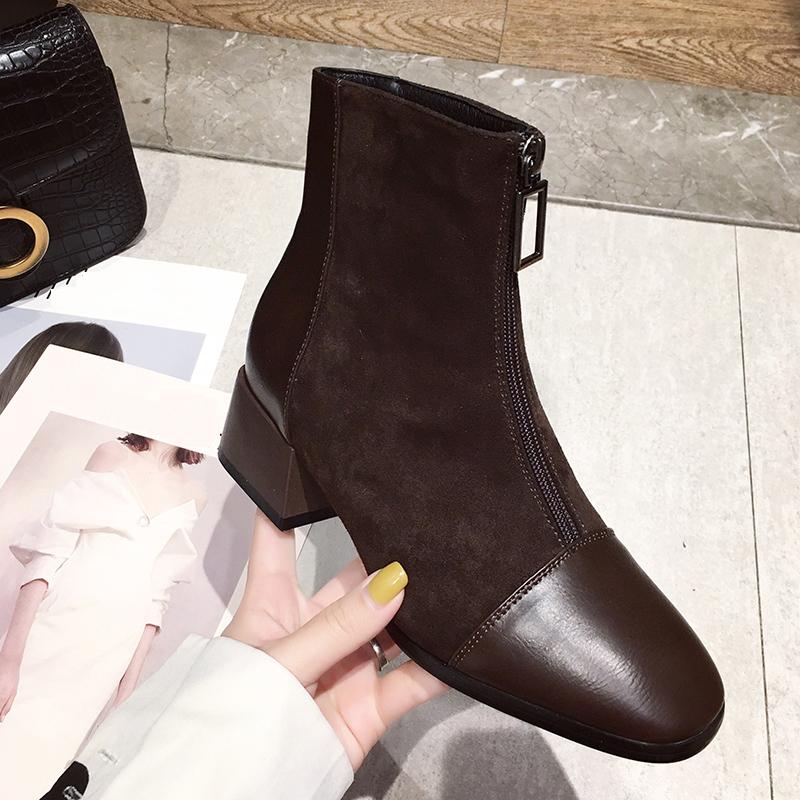 Women's Fashion Mid Boots Fashionable Boots with Front Zipper Thick Heel Suede Midsole Boots Leather Shoes Women's Shoes 35-40