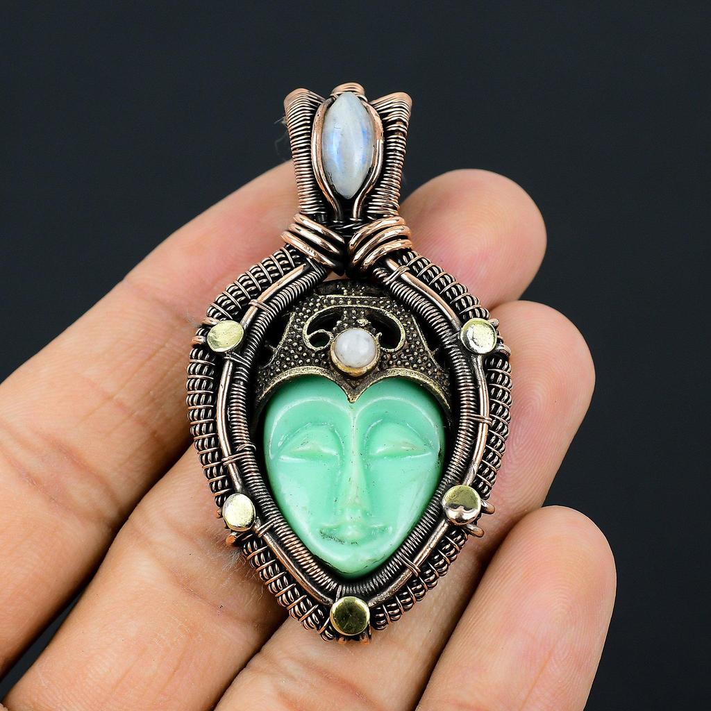 Green Carved Bone Face Gemstone Copper Wire Wrap Pendant Jewelry Gift For Her