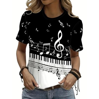 Music Note Print T-shirt, Short Sleeve O Neck Leisure T-shirt for Spring & Summer, Women's Clothing