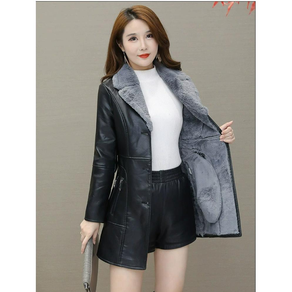 Herbst und Winter Leder Damen Plus Samt Verdickt Mittellang Temperament Schlank Machend Taille PU Jacke Trend