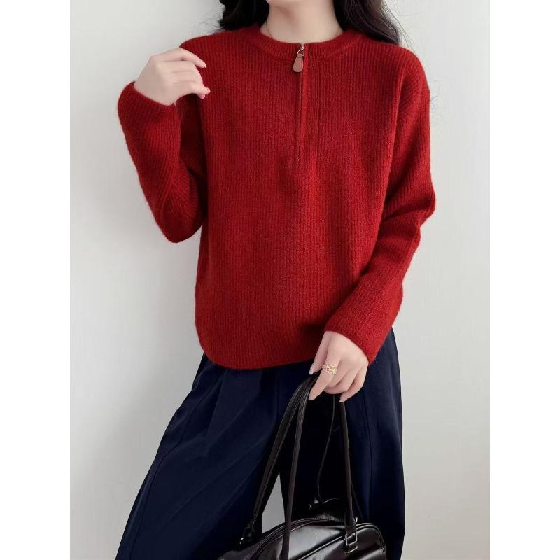 

Solid color semi-zipper simple and versatile knitted sweater women s clothing autumn and winter new loose and lazy round neck pullover sweater average size красный