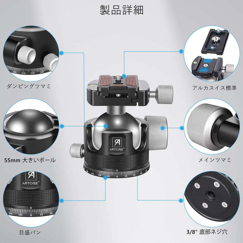 ARTCISE 55mm Ball Machined Panoramic Ball Quick Shoe for and Maximum 40kg Load Capacity Low-Center-of-Gravity Head, CNC-Machine Aluminum, 360°