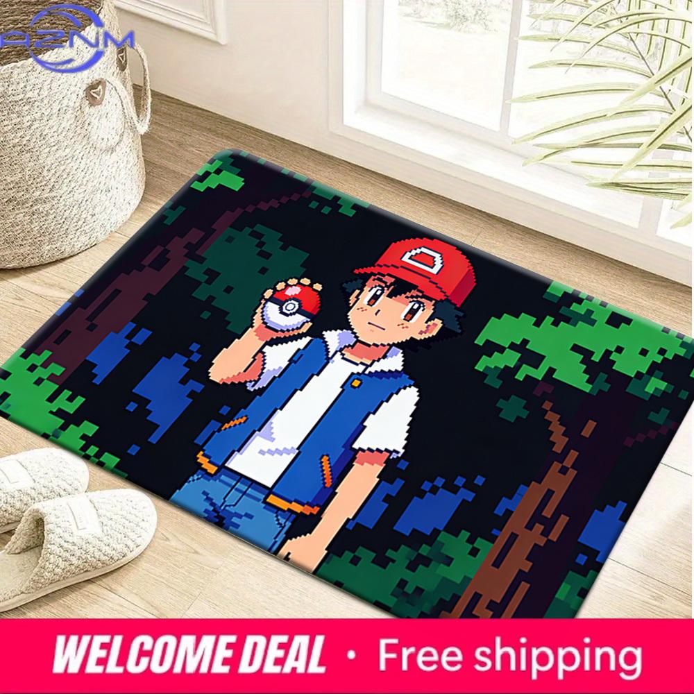 Ash Ketchum Pixel Art with Pokeball Print Doormat Non-Slip Absorbent Floor Mat for Indoor Entrance Home Decor 40x60cm(15x23 in)