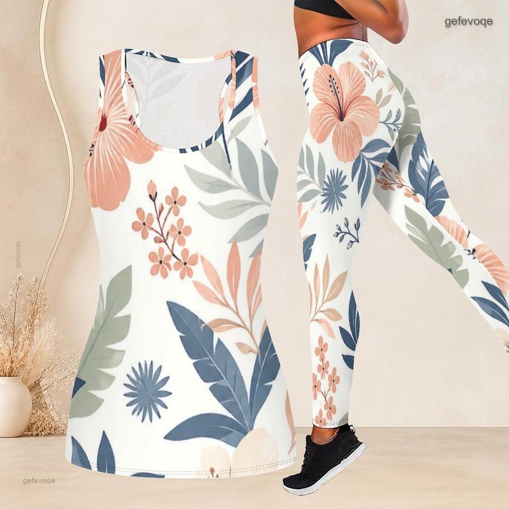 Women Plus Size Two Piece Set Scoop Neck Sleeveless Floral Printed Tank Top And Fitted Pants