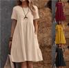Women Summer 100% Cotton Dress Vintage Loose Pocket Solid Color Crew Neck Short Sleeve Midi Dress S‑3XL