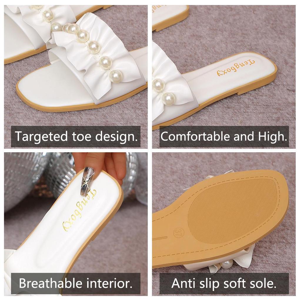 2026 New Women's Pearl Lace Thin Strap Summer Sandals: Plus Size Beach Slippers for Outdoor Wear