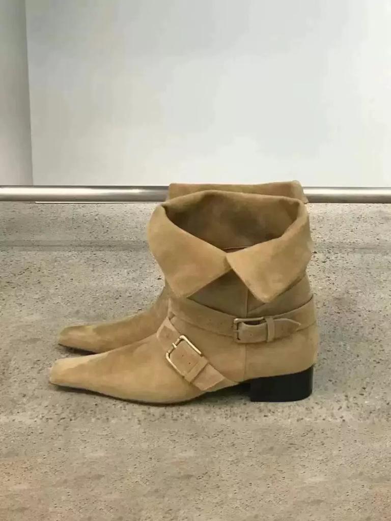 Cowhide version~ Korean version of niche street shooting catwalk square head western cowboy boots women's thick heel leather shor