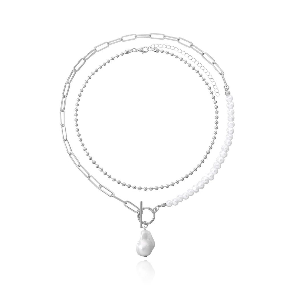 European and American Fashion, Simple Pearl Splicing Chain Necklace, Double-layer Women's Necklace Stacked with Wind Alloy Necklace