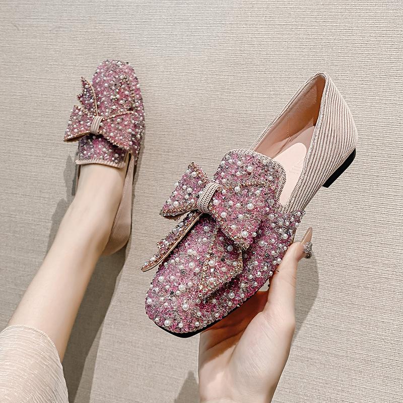 New Fashion Women Flat Shoes Beautiful Crystal Bowknot Boat Shoes Slip-on Loafers 34 розовый