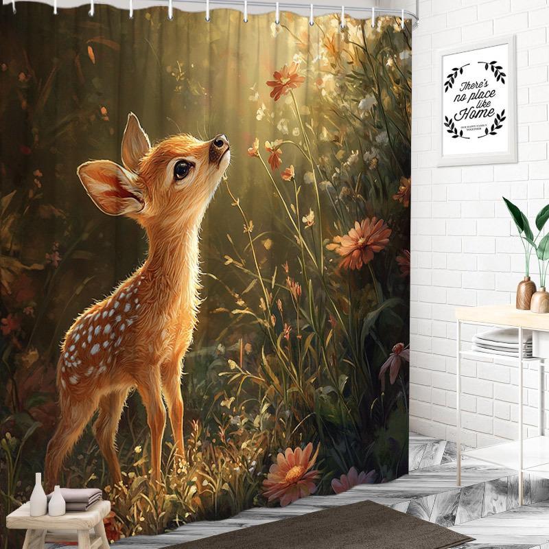 1 Stück Reh auf Wiese Duschvorhang - Kleines Reh, Lebendige Wildblumen, Sonnenbeschienener Wald, Polyester, 70,8x70,8 Zoll, 12 Haken, Waschbar