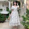 Four-sided Elastic + Ribson Sweet Foreign Floral Skirt Summer Short-sleeved New French Long Skirt