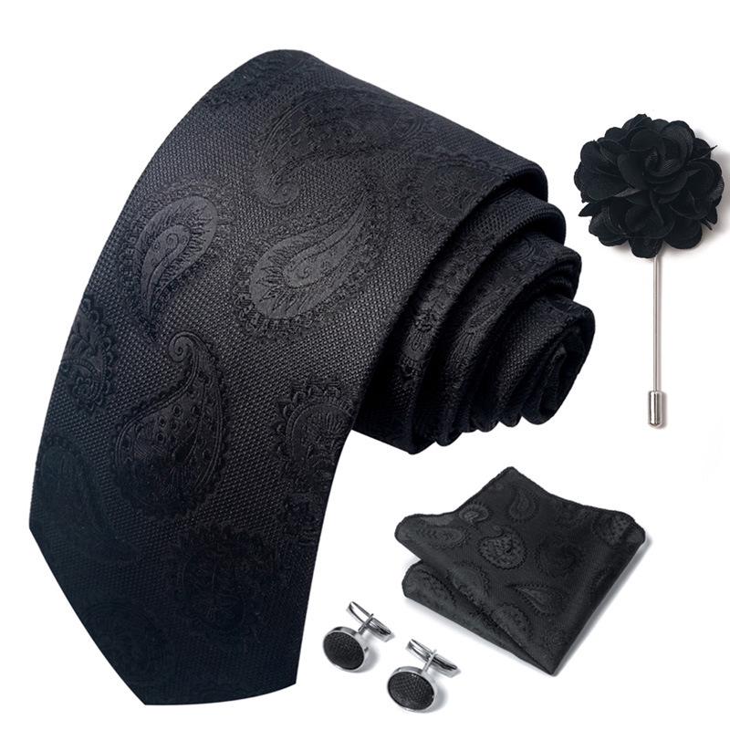 Brown Paisley Men's Tie, Pocket Square, Cufflinks & Boutonniere Set for Business Formal Wear.