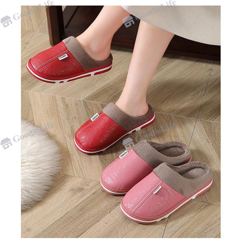 New Winter Couple Slippers  PU Leather Indoor Anti Slip Warm House Shoes