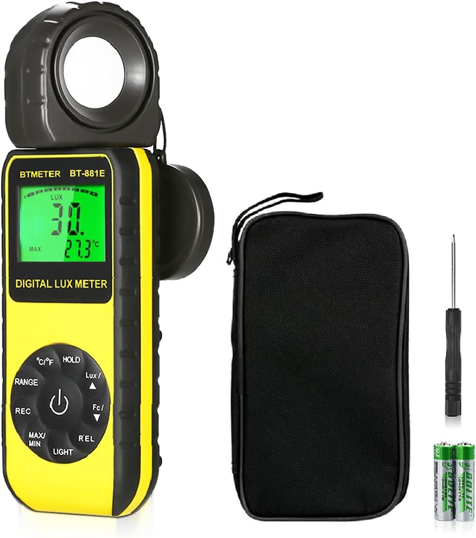 

BTMETER Digital Lux Meter with Temperature Measurement of Illuminance from to Rotating Data LCD and Brightness for Plant and Indoor Includes a