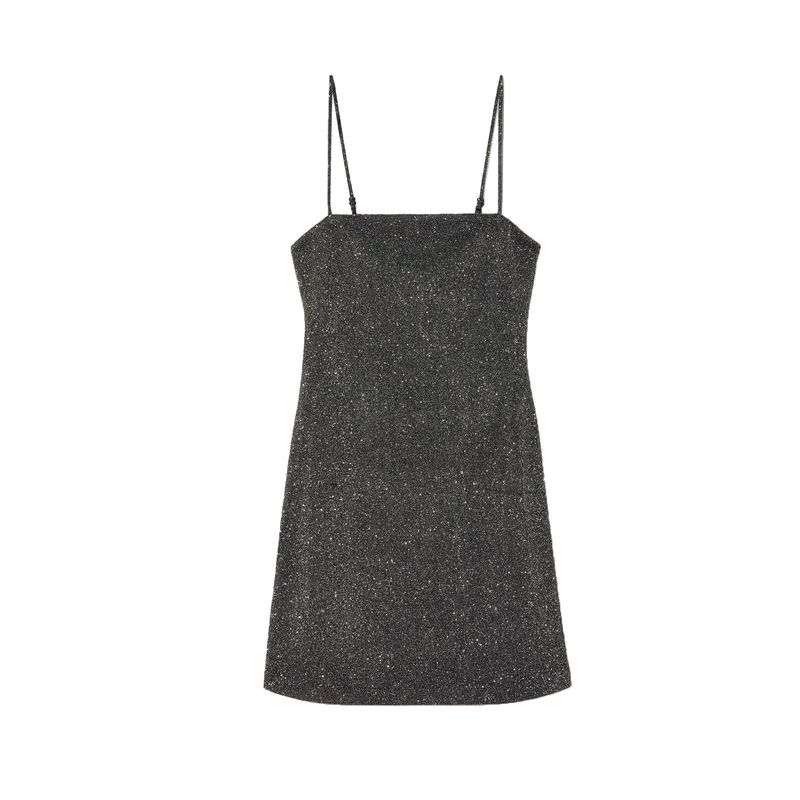Summer New Arrival Women Clothes Sexy Style Metal Color Line Trim Straight Collar Sleeveless Short Sling Dress 1067220