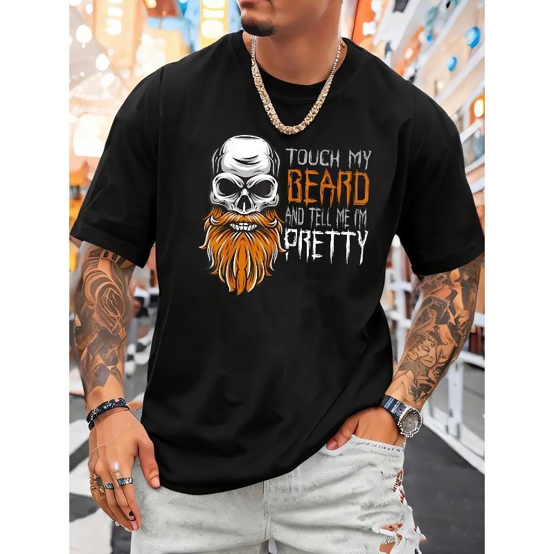 Beard Skull Pattern T-Shirt | Soft Men'S Crew Neck Short Sleeve, Orange and White Color Block Print, Casual Street Style, Comfortable Fit, Plus Size