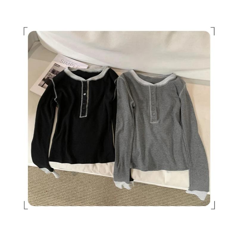 Korean Series Contrast Color Knit T-shirt Women Autumn 2024 New Long Sleeve Inner Wear Slim Fit Short Round Neck Base Top