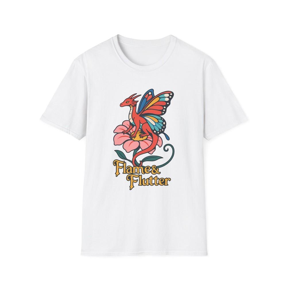 

Unisex Softstyle T-Shirt Butterfly Winged Dragon On Giant Flower Design M