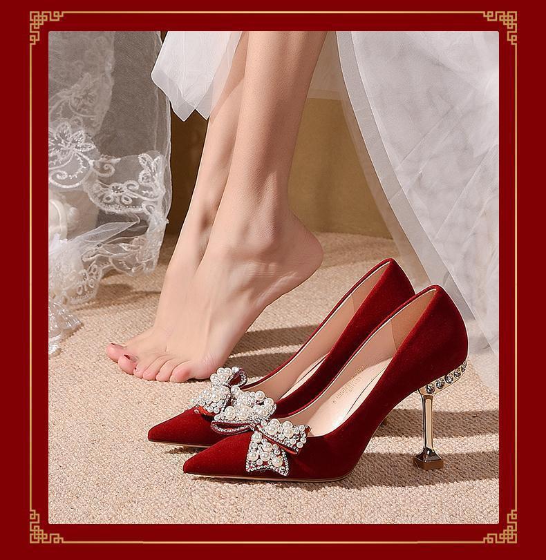 Wedding shoes women's Chinese bridal shoes summer 2025 new show clothes wedding dress two wear red not tired feet high heels