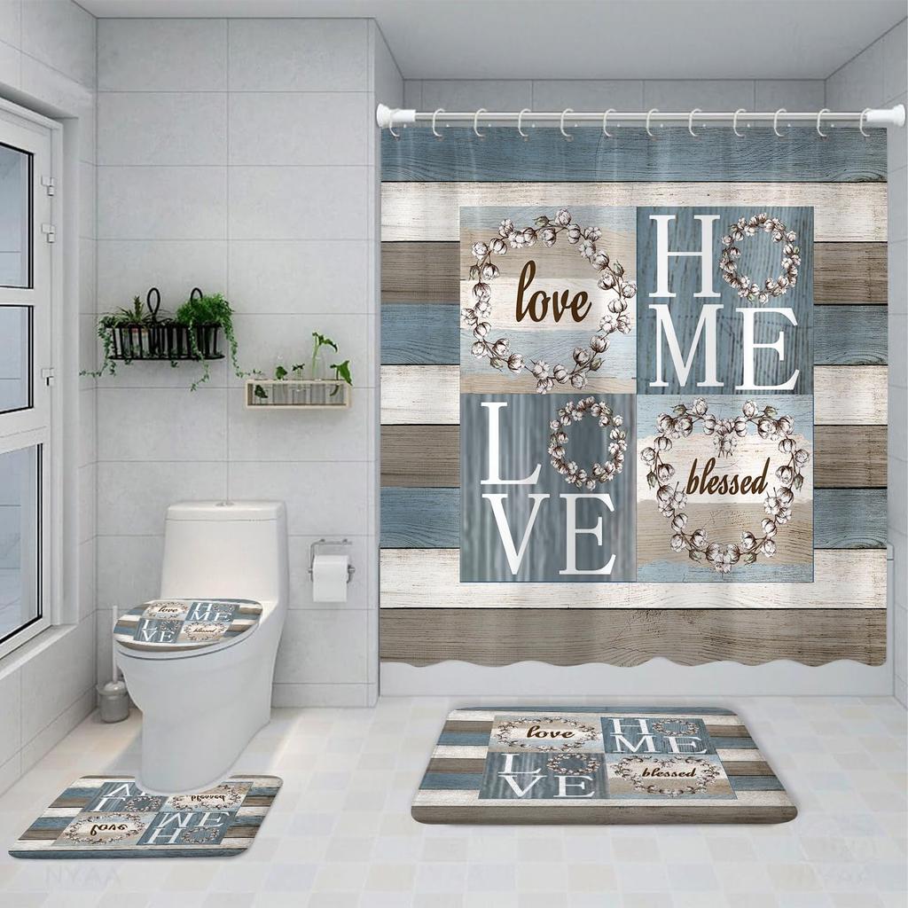 4PCS Rustic Floral Flower Sweet Love Home Fabric Shower Curtain Set, with Non-Slip Rugs, Toilet Lid Cover and Bath Mat Farmhouse Country Vintage Wood