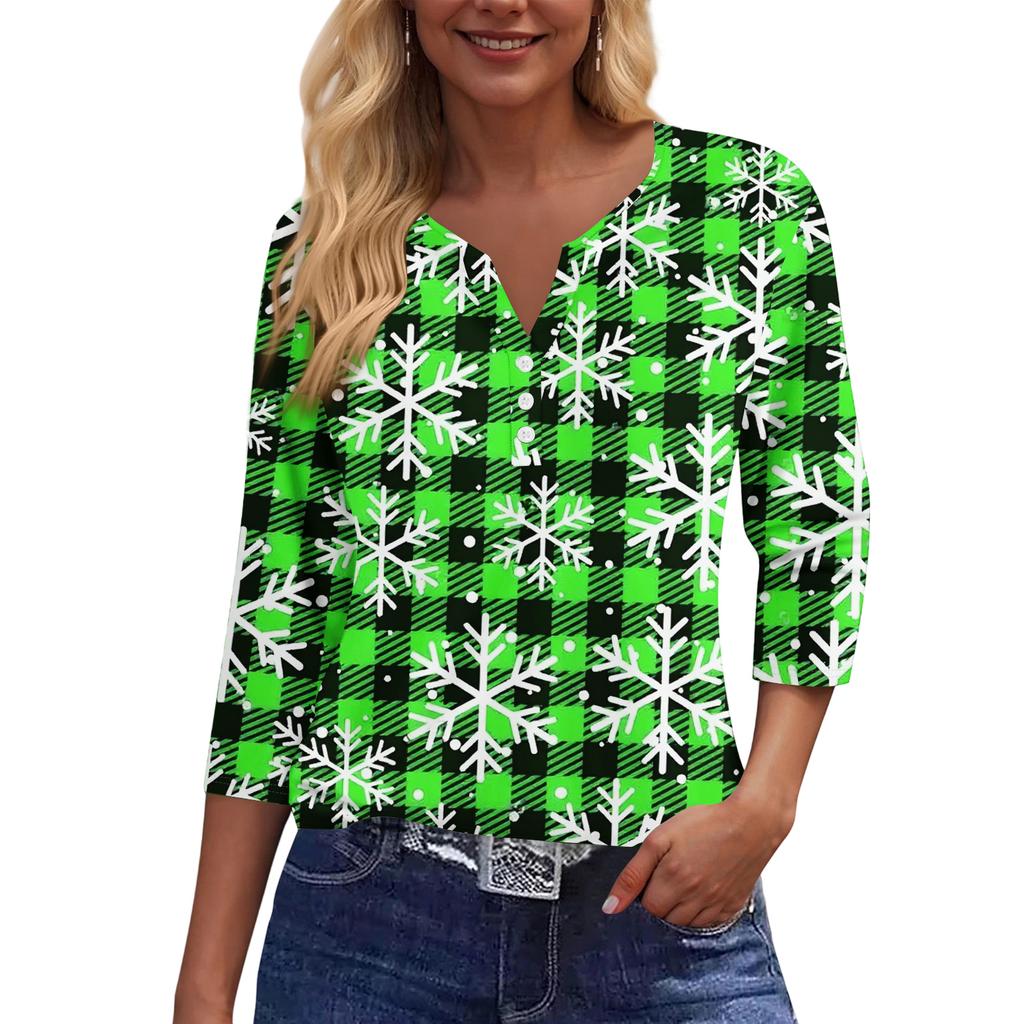 Women's Casual Fashion V-neck Loose Versatile Christmas Print Three-quarter Sleeve Top
