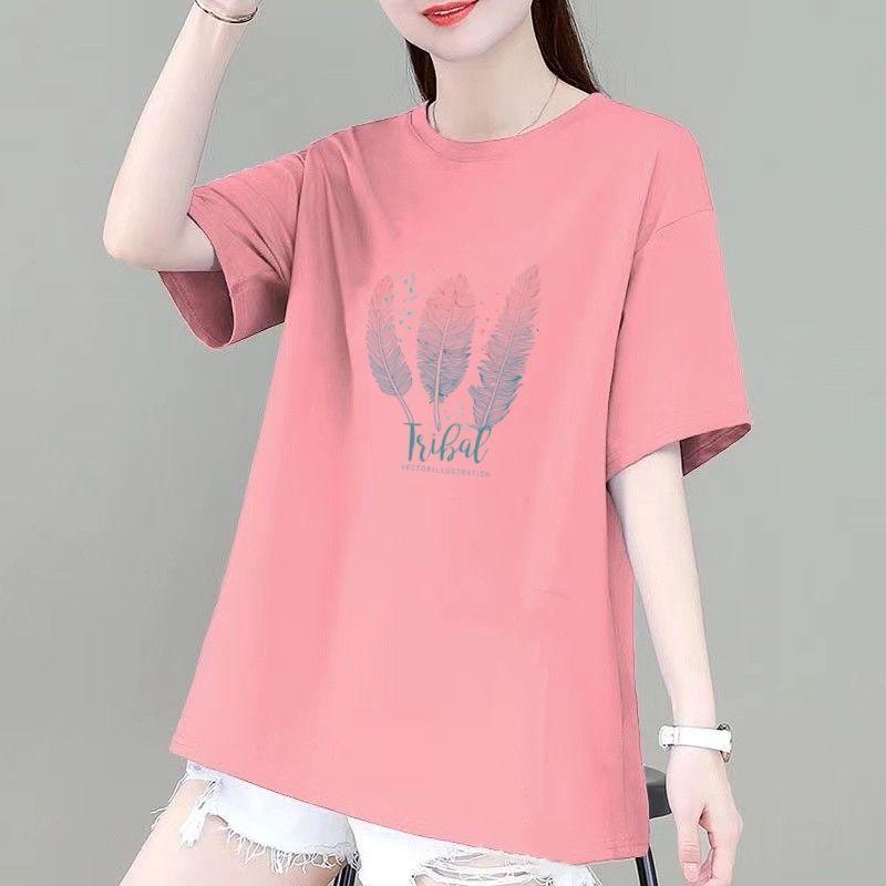 Cotton Casual Feather Pattern T-shirt Women Summer New O-collar Short Sleeve Slim Mid Length Version Loose Lady All-match Top