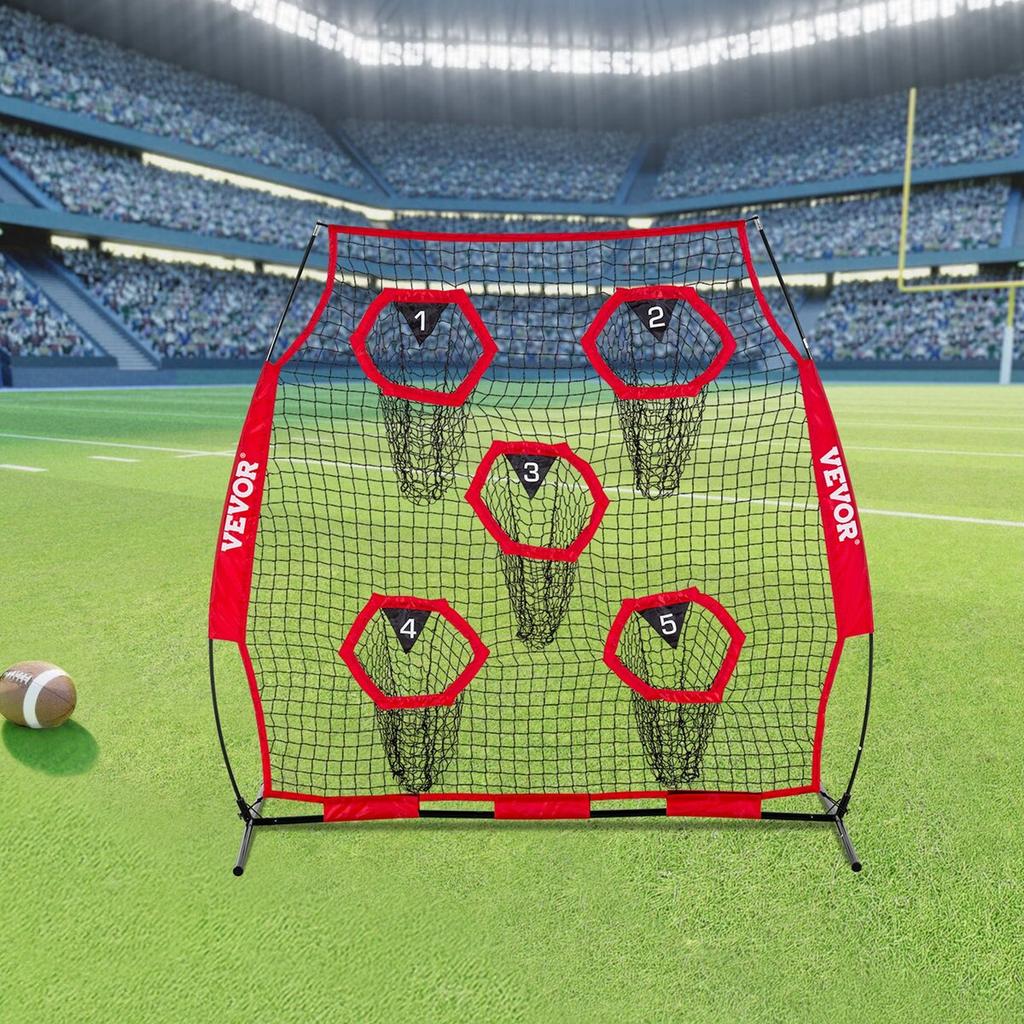 1828.8x1828.8mm Football Trainer Throwing Net, Training Throwing Target Practice Net with 5 Target Pockets, Knotless Net Includes Straps and Portable