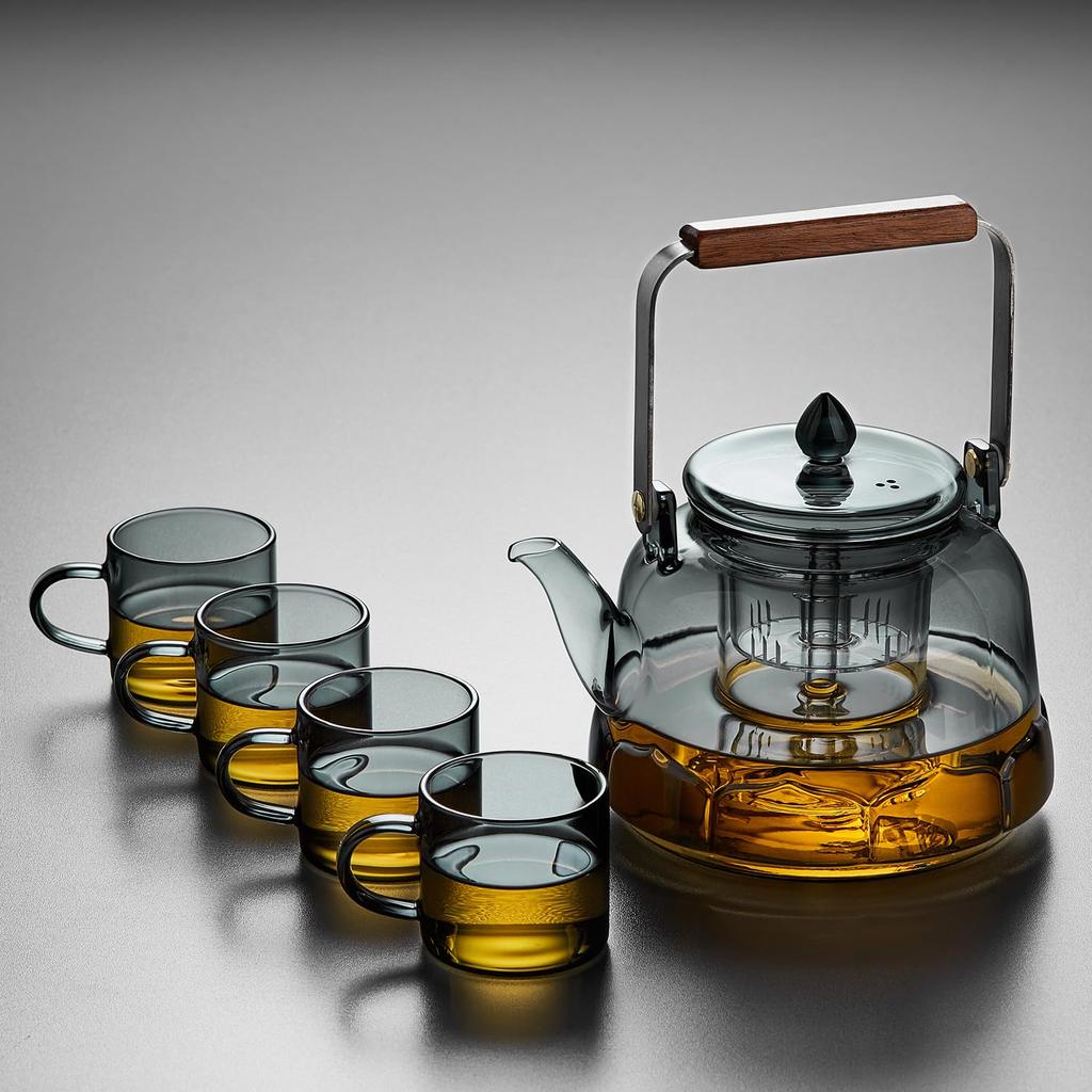 Pokaro Tea Heat-Resistant Glass Teapot, 1060ml, with Two Detachable Strainers, for Steaming and Brewing Tea Leaves, Ink-Colored Design with Wooden