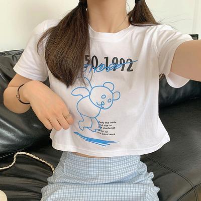 Bär-Print Kurzarm-T-Shirt für Damen Sommer Neu Slim Koreanisch Hohe Taille Nabel Kurzarm-Top für Damen