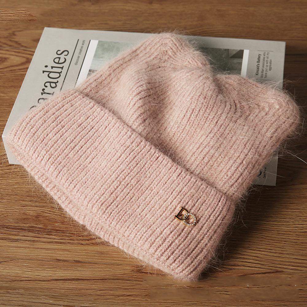 Knit Beanie Hat Fleece Lined Thickened Warm Rabbit Hair Slouchy Solid Color Large Head Size Winter Autumn Women