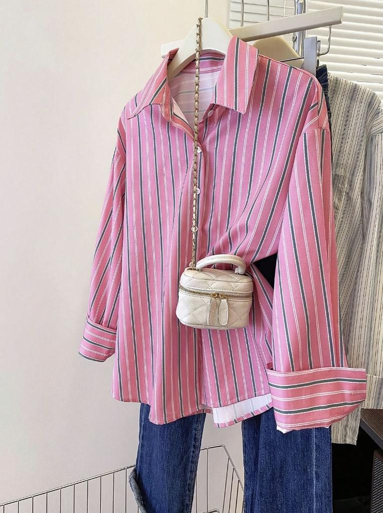 Striped fashion long-sleeved shirt, lapel loose casual commuter temperament versatile top