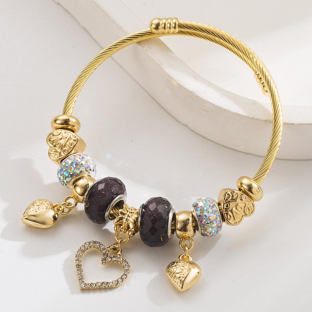 Stainless Steel Bracelet with Crystal Wristband, Heart-shaped Pendant, Adjustable Opening. Charm Bracelet