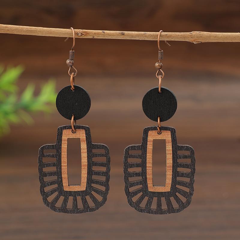 Vintage Round Squae Hollow Leather Earrings Geometric Creativity Copper Color Dangle Earrings for Women