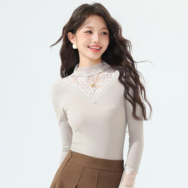 Lace top women's long-sleeved autumn and winter new large-size women's clothing semi-turtleneck mesh inner bottoming shirt