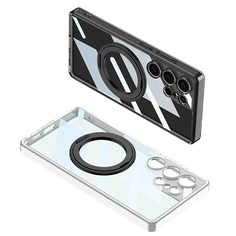 Phone Case for Samsung Galaxy S25 S24 S23 Ultra Clear Magnetic Holder Protective Shockproof Transparent Ring Kickstand Cover