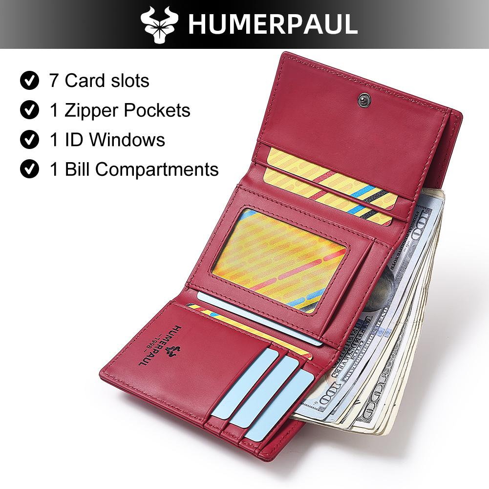 Humerpaul Ladies First Layer Cowhide Three-folding Wallet RFID Anti-theft Brush Portable Wallet Multi-card Slot Large-capacity Multi-compartment