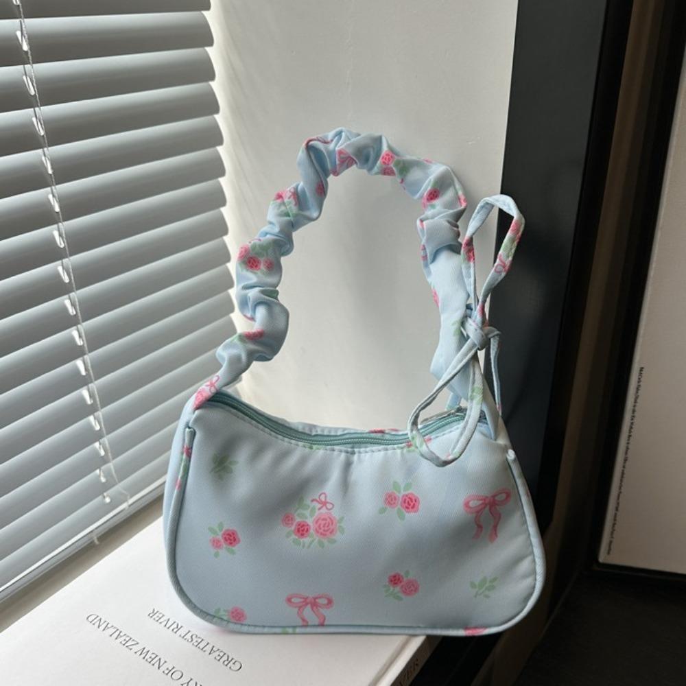 Sweet Nylon Handbag Bowknot Floral Shoulder Bag Korean Style Flower Pleated Underarm Bag Summer